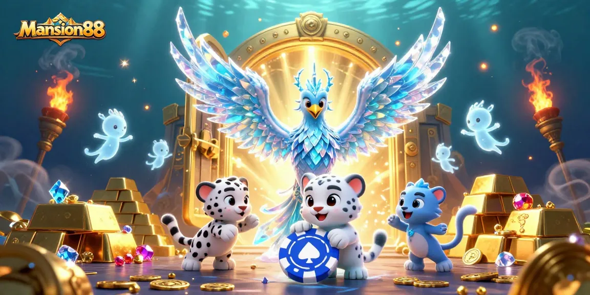 Mansion88 invites players to enjoy a thrilling casino experience with a dazzling illustration featuring captivating gaming elements.