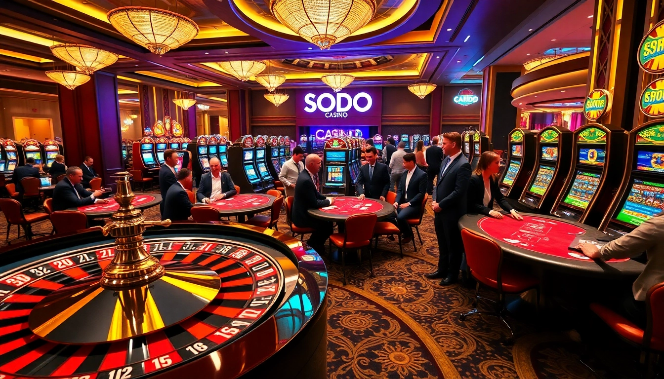 SODO CASINO 66 players engaging at poker tables and roulette wheel in a vibrant casino backdrop.
