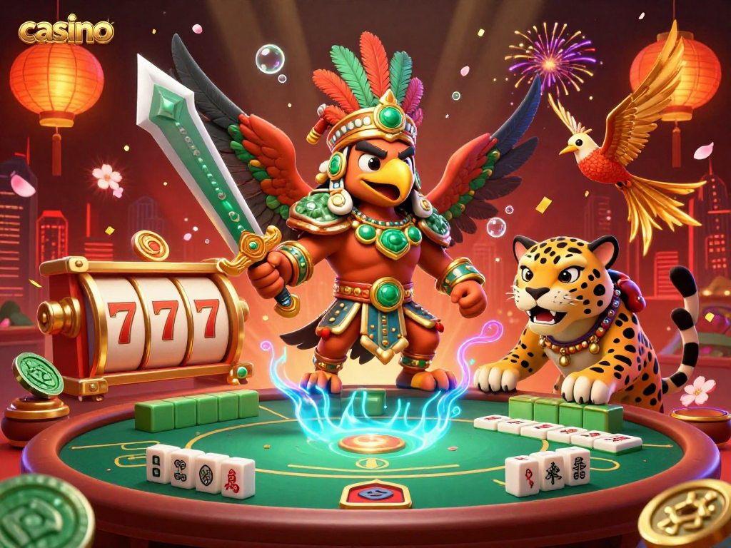 Experience the vibrant world of a casino with Aztec warriors and slot reels in a dazzling 3D illustration.