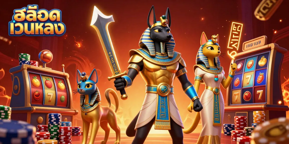 Engaging scene showcasing สล็อตเว็บตรง with Anubis and Bastet in a lively casino filled with slot reels and poker chips.