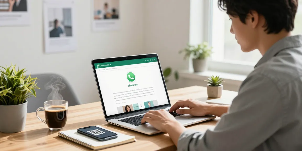 Engaged user accessing WhatsApp網頁版 on laptop in a modern home office.