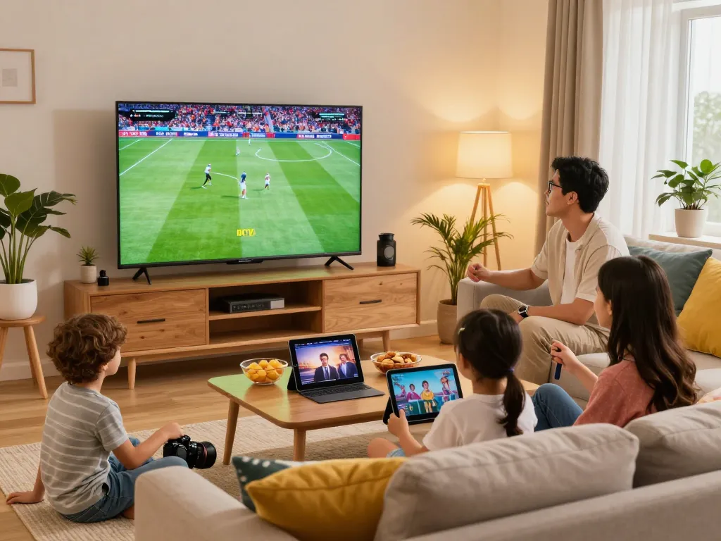Genieten van iptv nederland met familie in een gezellige woonkamer, sport en films streamend.
