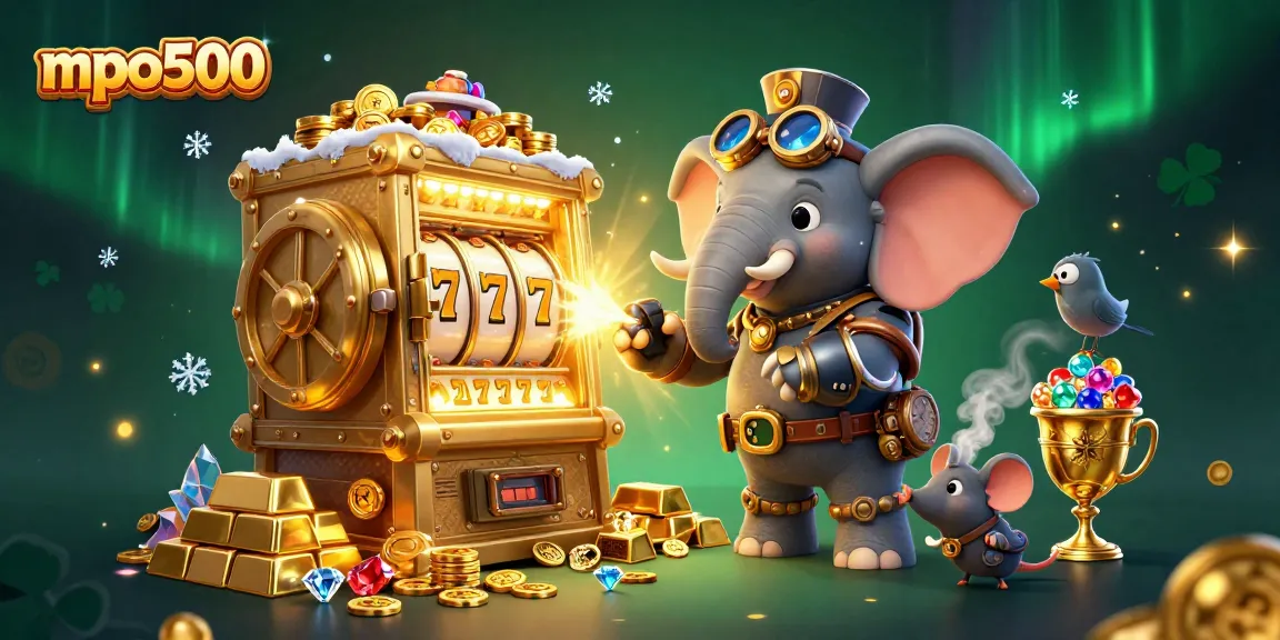 Spin and win with mpo500's exciting 3D casino illustration featuring steampunk elements and slot machines.