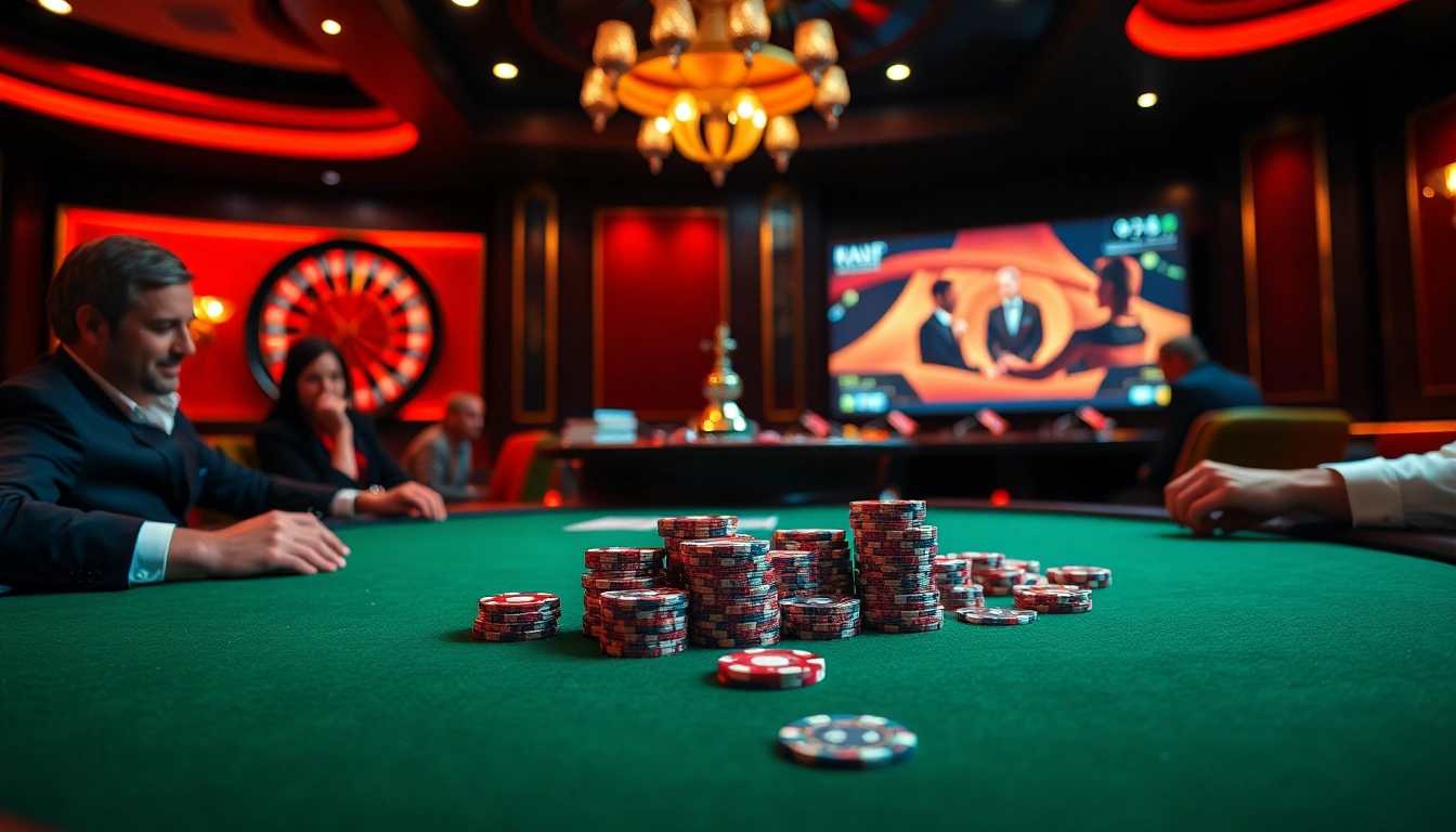 Une scène dynamique d'un casino en ligne haut de gamme avec une table de poker et une roulette qui tourne.