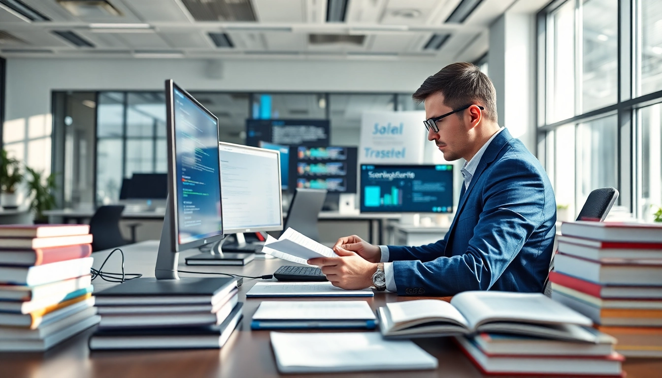 Professional linguist using advanced technology for 有道翻译 in a modern office setting.