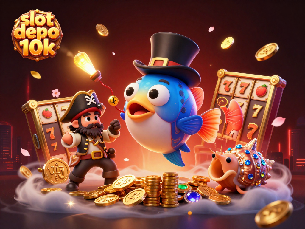 Slot depo 10k dengan ikan pemancing bertopi, udang bajak laut, dan siput harta karun yang bersinar.