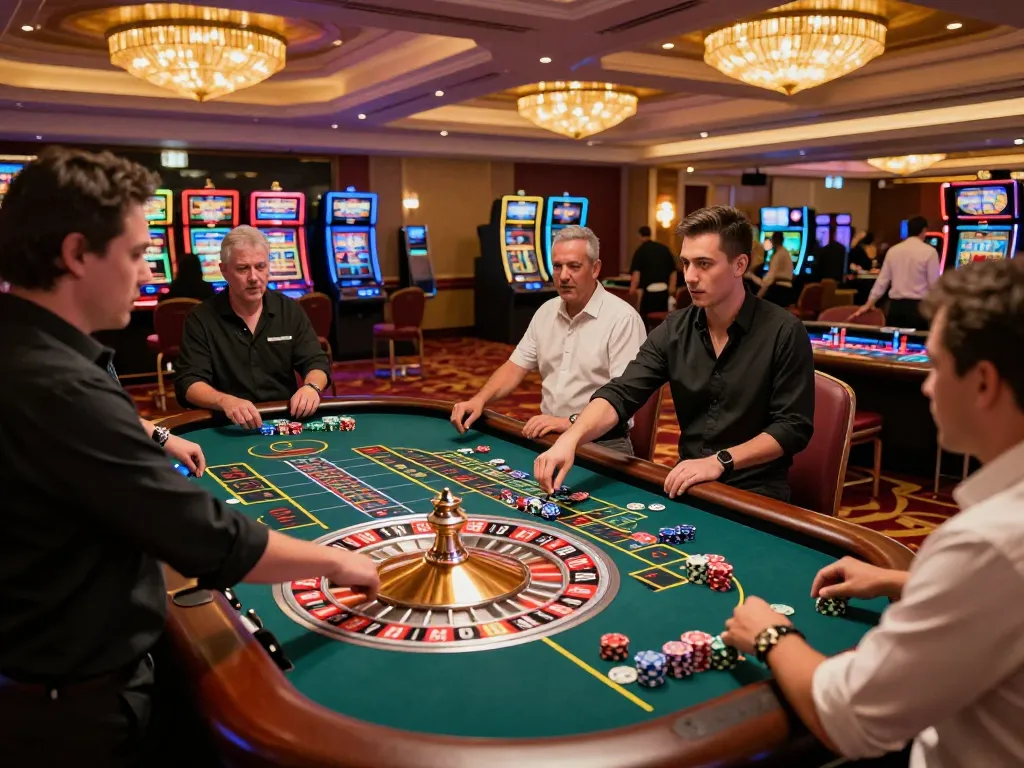 Players engaging at the roulette table in an upscale casino, creating a thrilling 888VND gaming atmosphere.
