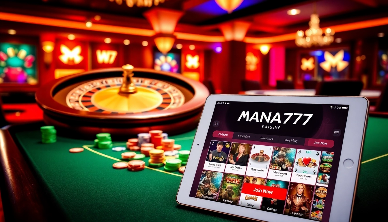MANA777 online gambling interface with a poker table and roulette wheel surrounded by colorful chips.