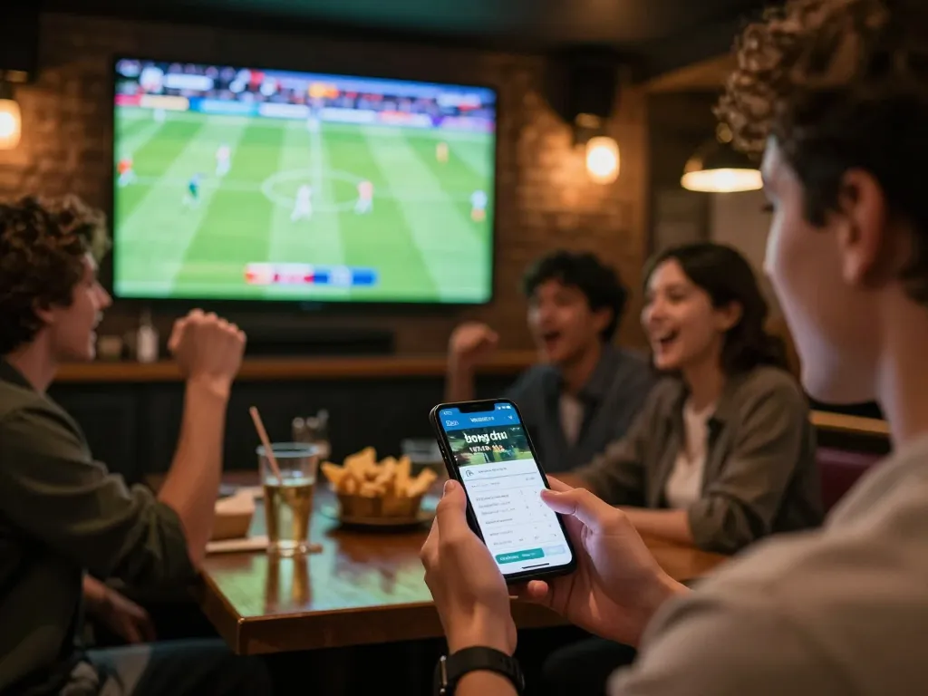 Bong da lu displayed on smartphone while friends enjoy live football betting at a sports bar.