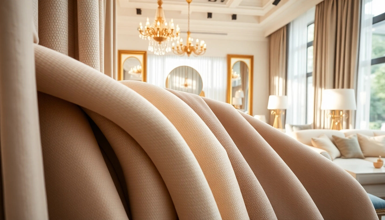 Gordijnstof kopen online met luxe stoffen in een stijlvolle interieursetting.