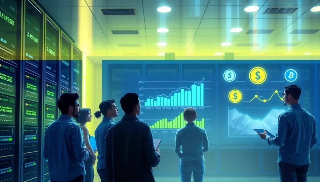 Visual representation of dogecoin cloud mining with futuristic data center and diverse users.