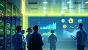 Visual representation of dogecoin cloud mining with futuristic data center and diverse users.