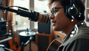 Recording music with the MV88 microphone in a cozy home studio setting.