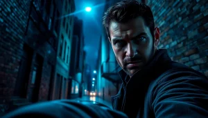 Detective in a gritty urban setting emphasizing shows similar to reacher series with intense focus and dramatic lighting.