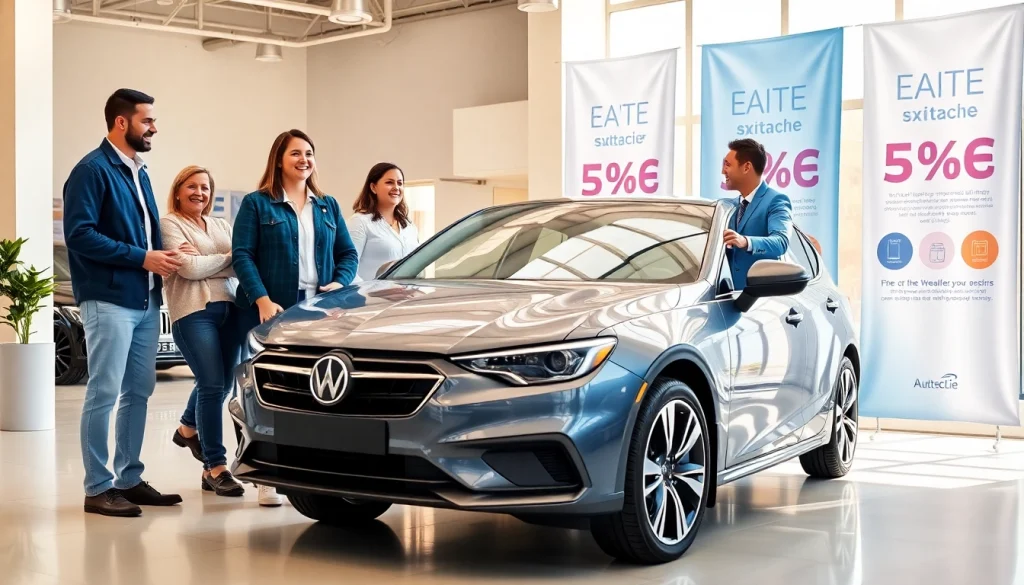 Buy a car with a happy family next to their new vehicle in a bright dealership.
