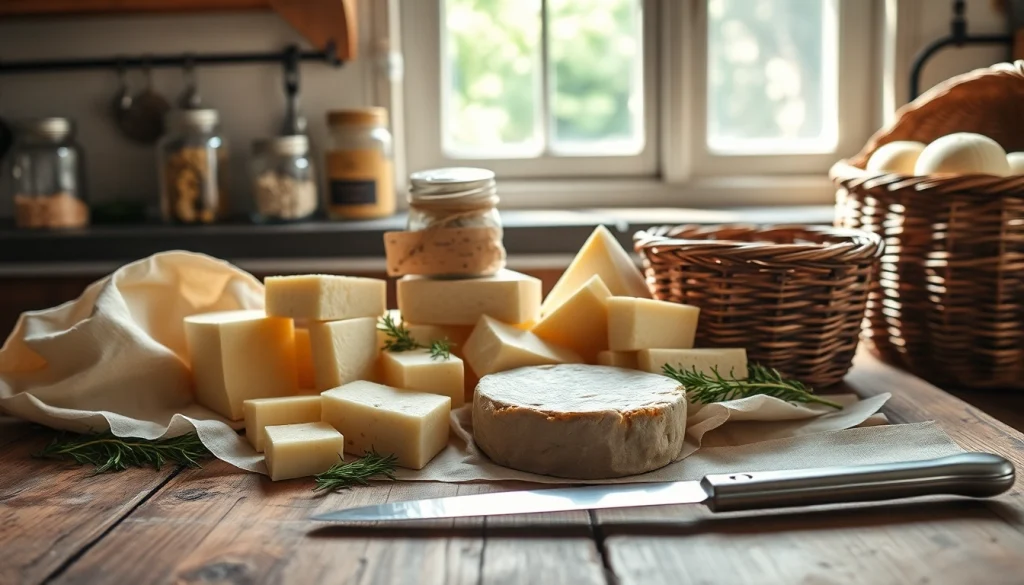 Kaasdoek used to beautifully present various cheeses in a rustic kitchen setting.
