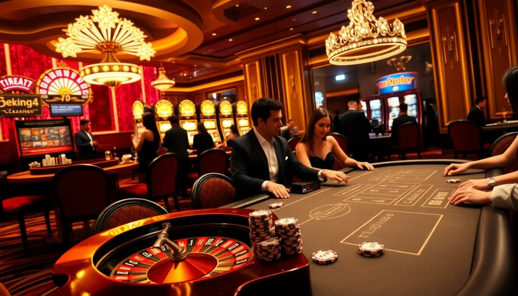 A dynamic poker table with 79king4 branded chips showcases strategic gameplay in a luxurious casino.