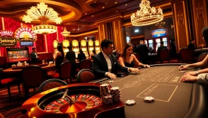 A dynamic poker table with 79king4 branded chips showcases strategic gameplay in a luxurious casino.