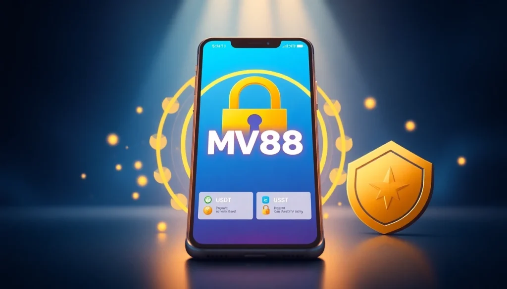 MV88 online betting app interface showcasing secure USDT transactions with trust symbols.