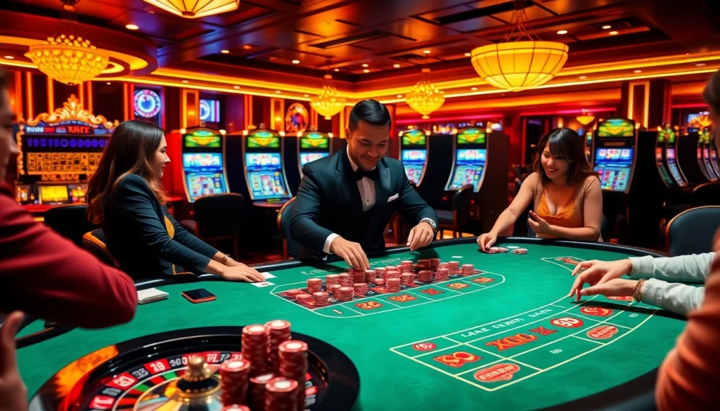 Players enjoying a thrilling game at XX88 casino table with cards and chips.