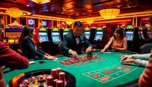 Players enjoying a thrilling game at XX88 casino table with cards and chips.