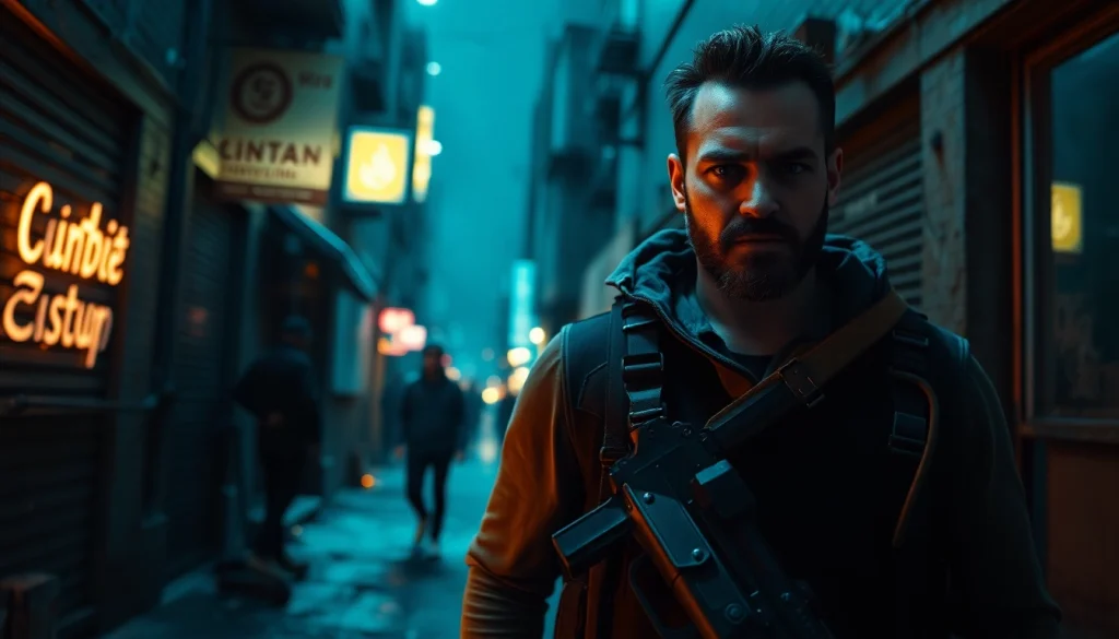 Capture action drama in a city setting similar to reacher series showcasing a rugged protagonist.