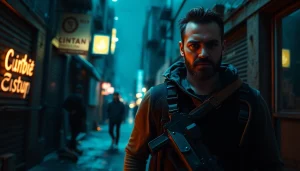 Capture action drama in a city setting similar to reacher series showcasing a rugged protagonist.