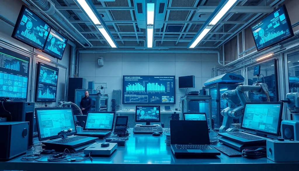 Technology innovation lab with advanced gadgets and dynamic screens highlighting modern tech.