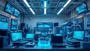 Technology innovation lab with advanced gadgets and dynamic screens highlighting modern tech.