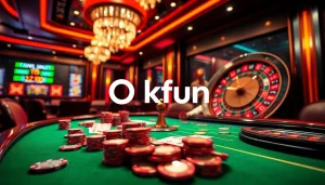 Okfun casino scene features a lively poker table, vibrant chips, and an electric roulette wheel, showcasing thrilling gambling action.