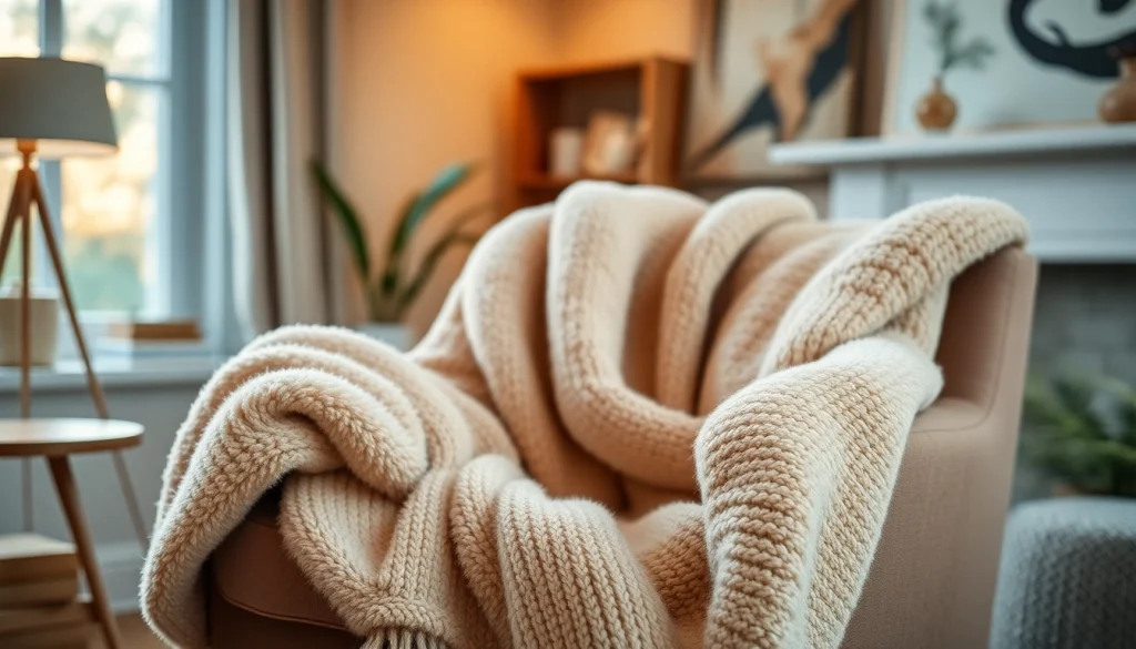 Fleece stof uitnodigend over een moderne stoel in een warme woonkamer.