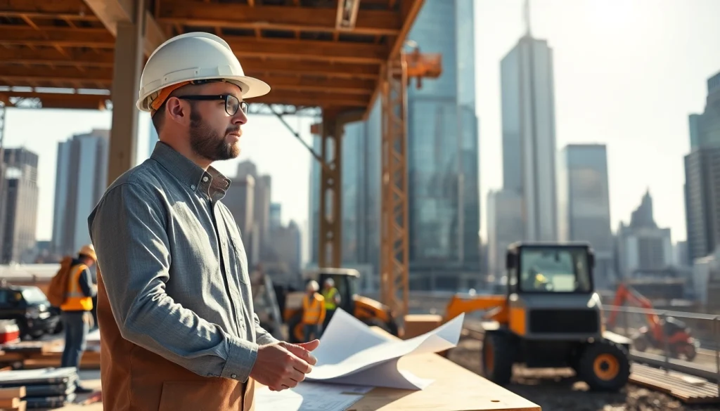 New York City General Contractor managing a bustling construction site with active workers and machinery.