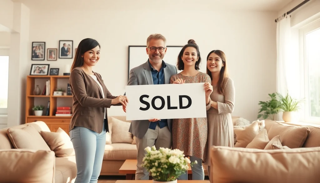 Real Estate agent celebrating successful home purchase with family in a cozy living room.