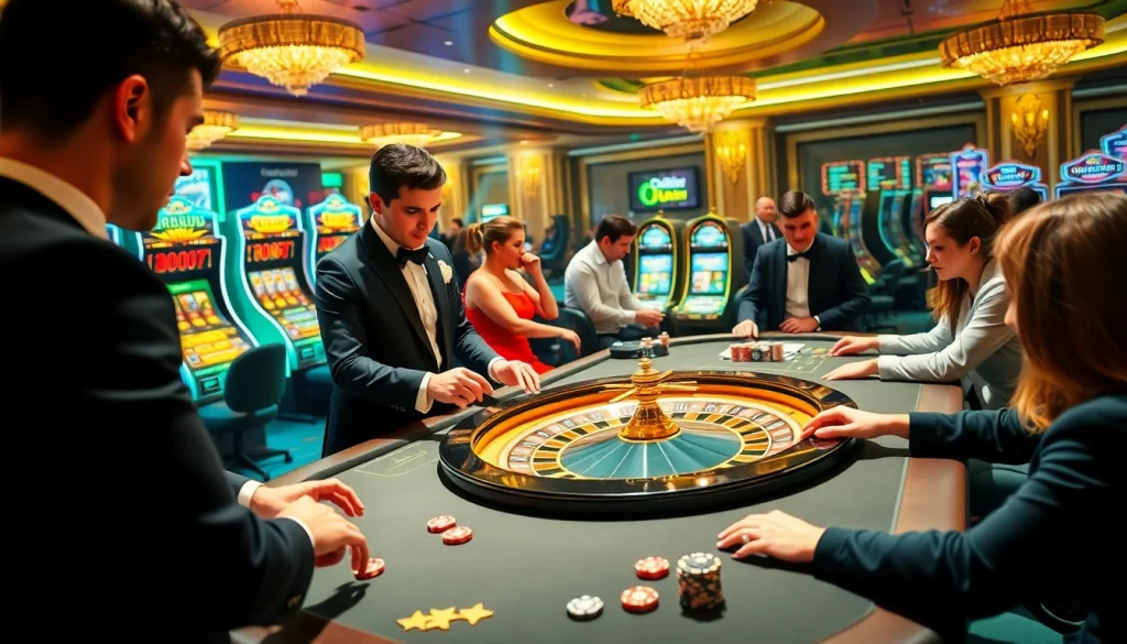 An exciting casino scene showcasing players winning big at ldwin okwin games with roulette and poker tables.