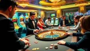 An exciting casino scene showcasing players winning big at ldwin okwin games with roulette and poker tables.