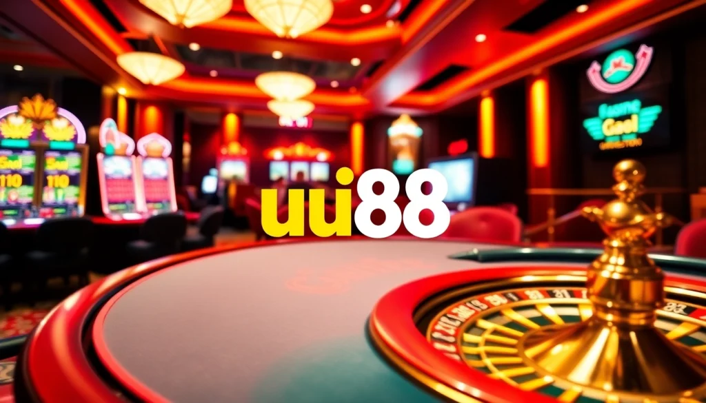 Exciting gameplay at trang chủ uu88 with casino tables, cards, and vibrant slot machines.