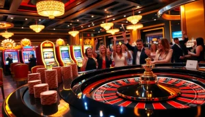 KJC casino scene with vibrant roulette table, polished poker chips, and excited gamblers.