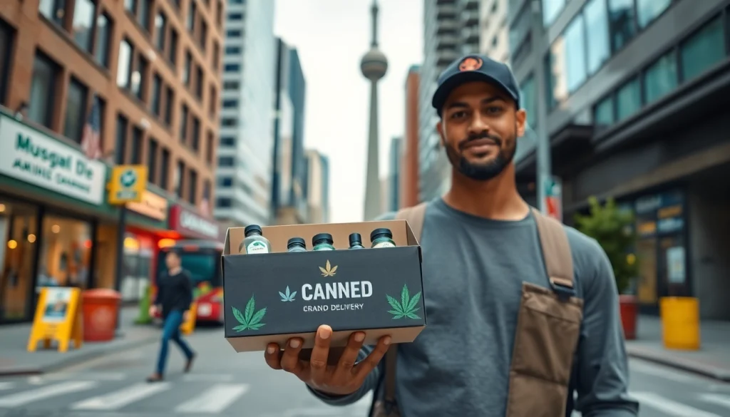 Streamlined Toronto cannabis delivery showcased by a friendly delivery person in an urban setting.
