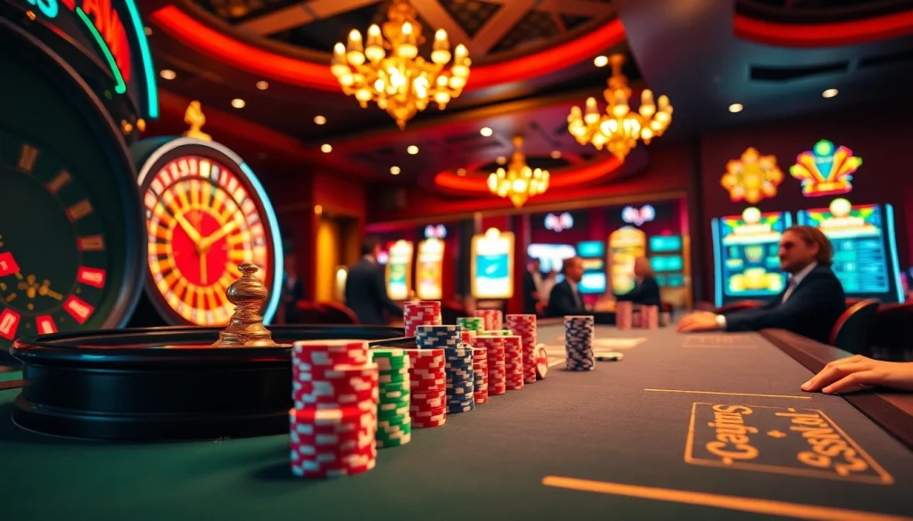 Exciting casino scene with roulette wheels, slot machines, and poker action at https://shbet800.com.