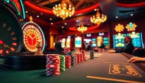 Exciting casino scene with roulette wheels, slot machines, and poker action at https://shbet800.com.