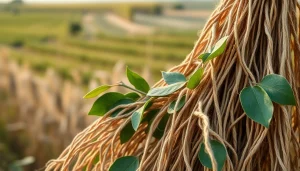 Jute fibers interwoven with green leaves highlighting natural texture and sustainability.
