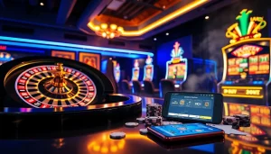 Thrilling online gambling action at 32win con featuring luxury casino tables, vibrant slot machines, and poker chips.