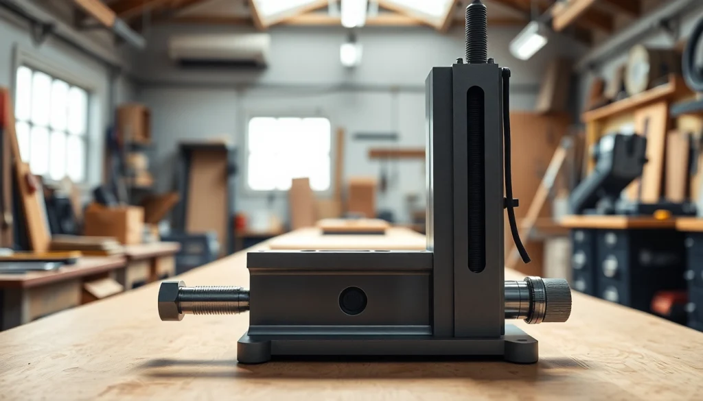 Showcase pf940v2 jig​ with precision features on a workshop workbench, surrounded by tools.