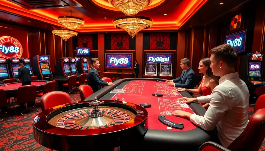 Excited players enjoying games at Fly88 Legal casino with roulette wheel and poker table.