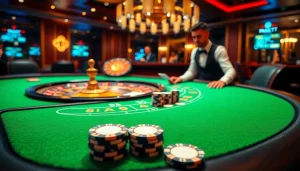 Casino gaming with S8 branding, featuring a blackjack table, vibrant poker chips, and a roulette wheel.