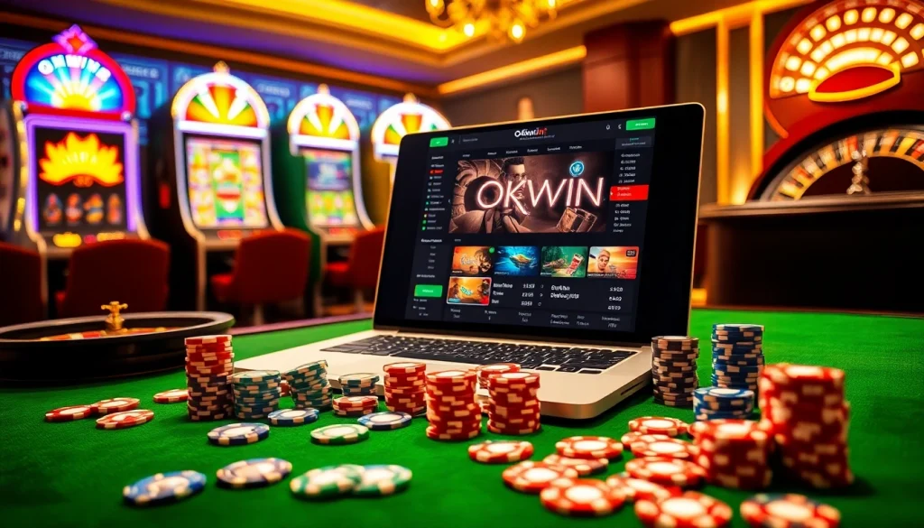 Engaging online gambling scene with Okwin interface, showcasing casino elements and excitement.
