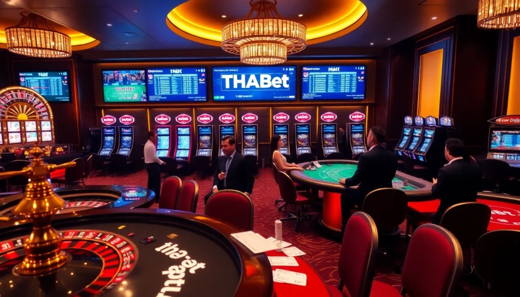 Experience the excitement of tha-bet at a luxurious casino with engaging game tables and vibrant slot machines.