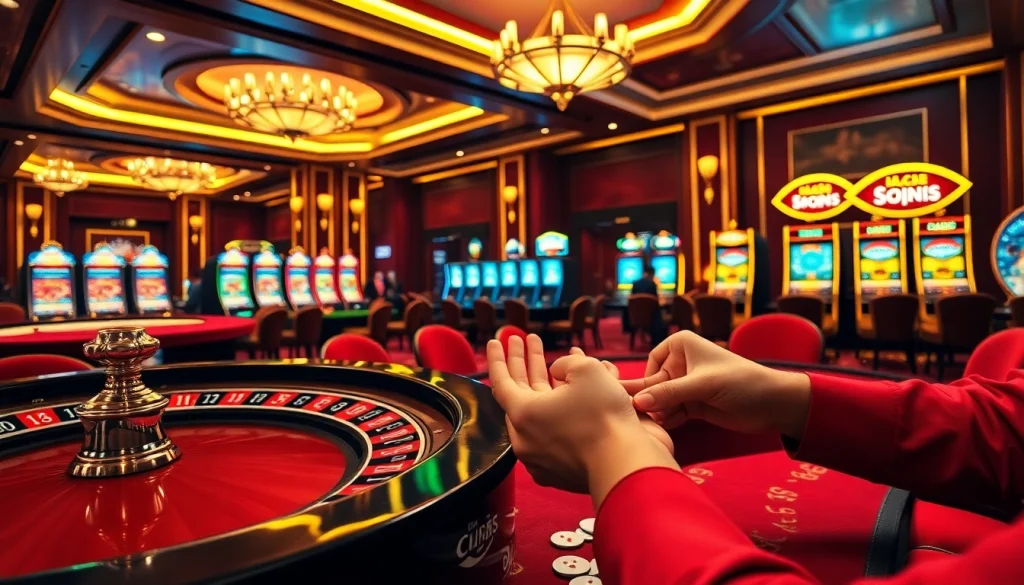 Experience excitement at a vibrant casino with 'link vào lc88' in action amidst roulette and poker.