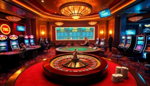 The excitement of gambling at 789win13, showcasing roulette wheels and poker tables amidst luxurious casino décor.