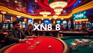 Experience excitement at XN88 with players enjoying high-stakes poker and spinning roulette wheels.